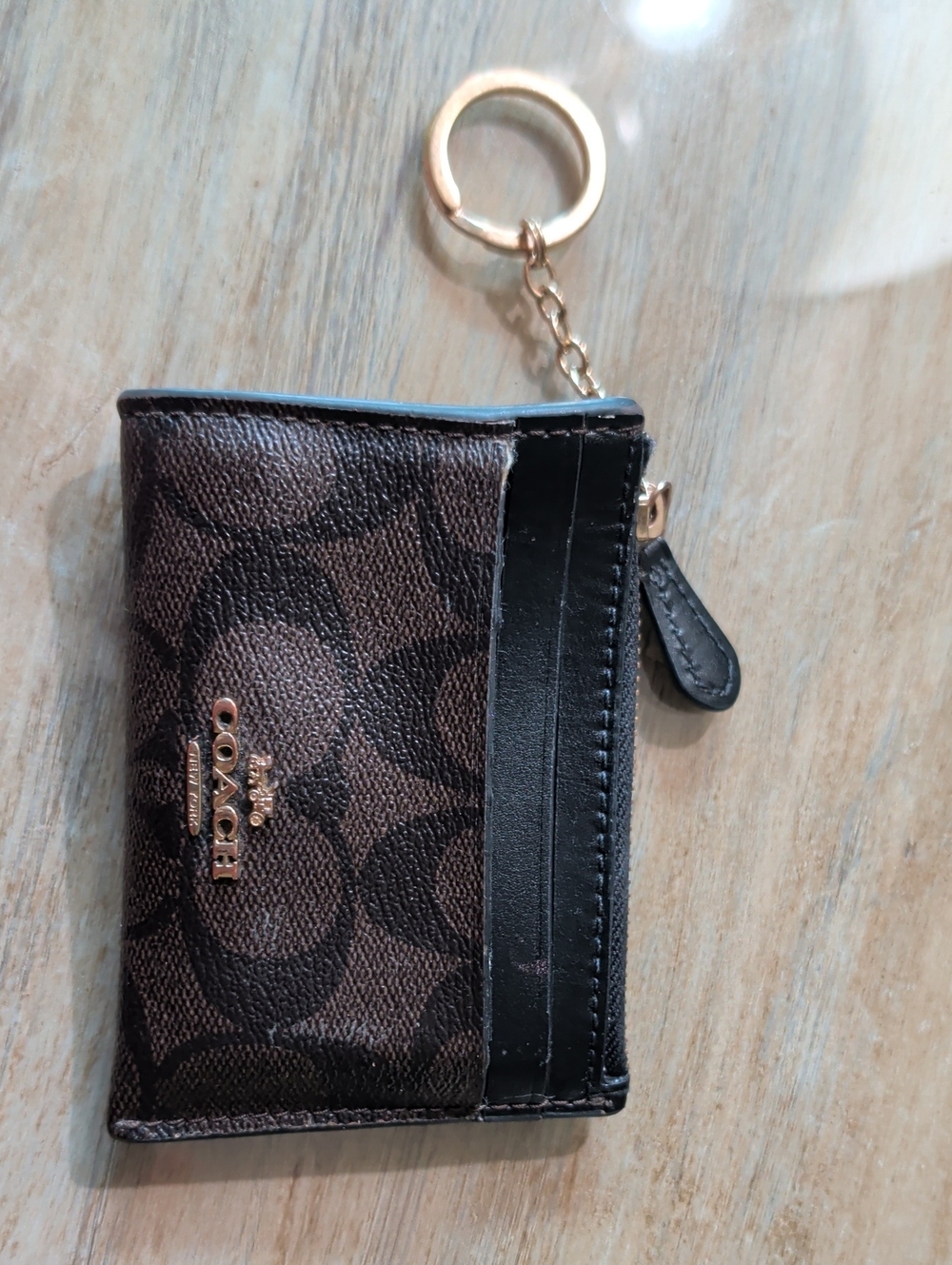 Coach Brown Signature Canvas Card Holder Key Ring with Black Trim